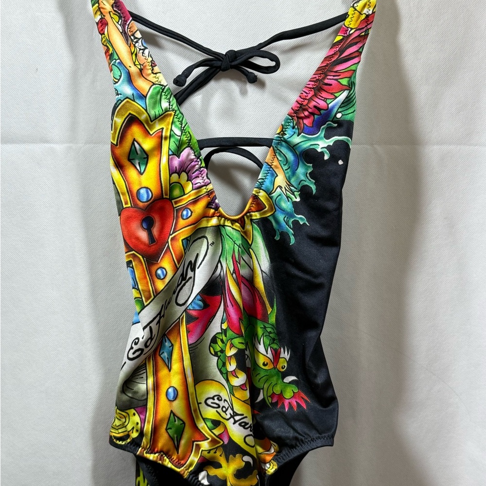 NNT ED Hardy Y2K McBling one piece Swimsuit Dragon & Cross Halter 145.00